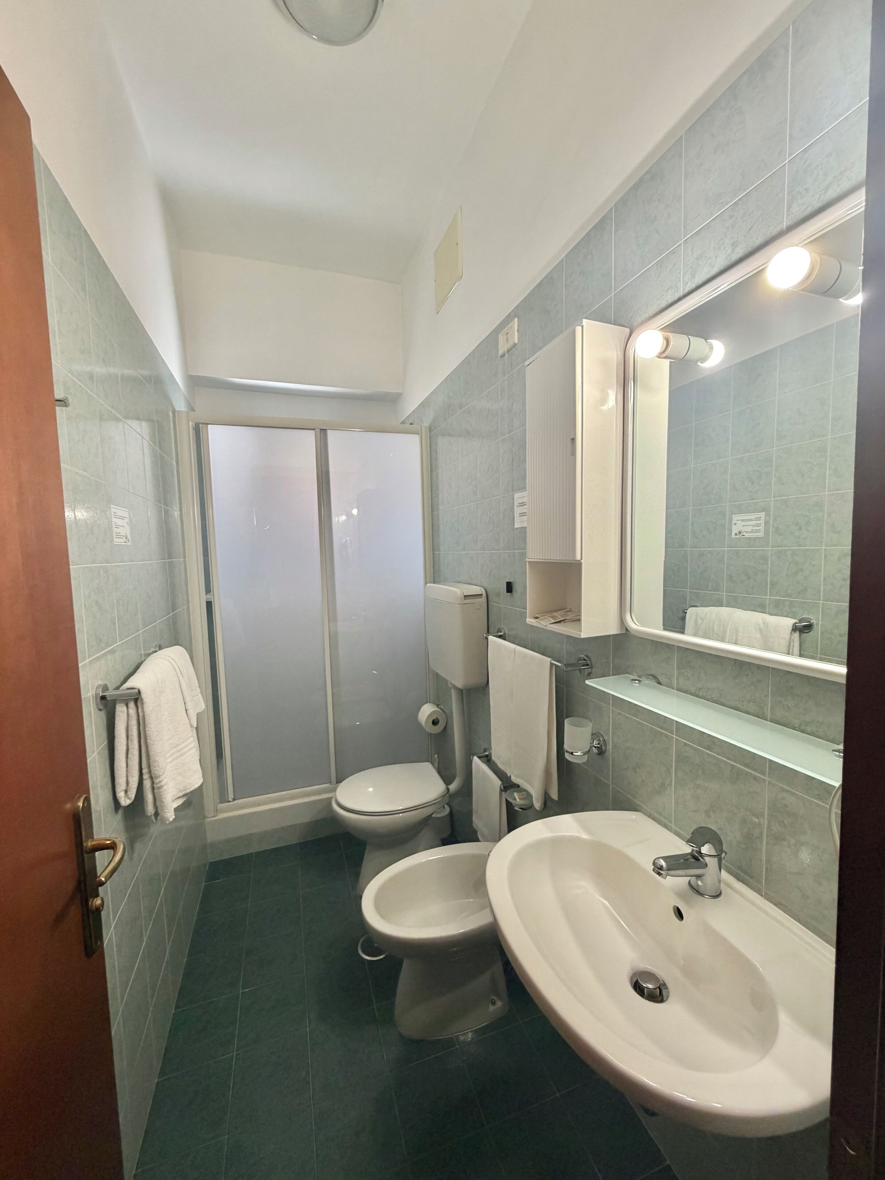 A bathroom with a toilet, bidet, and sink, a mirror with lights, and a shower area.