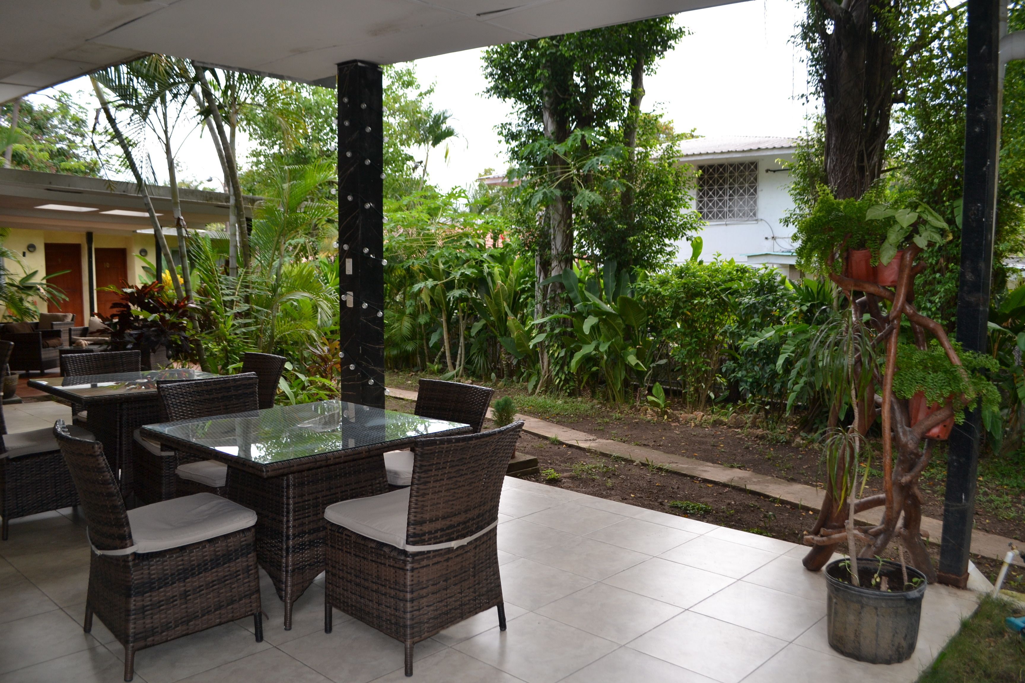 An outdoor patio area with wicker furniture and potted plants.