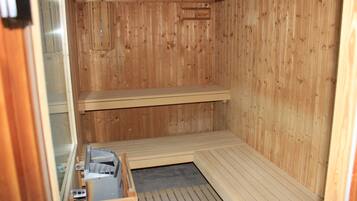 A sauna with wooden walls and benches.