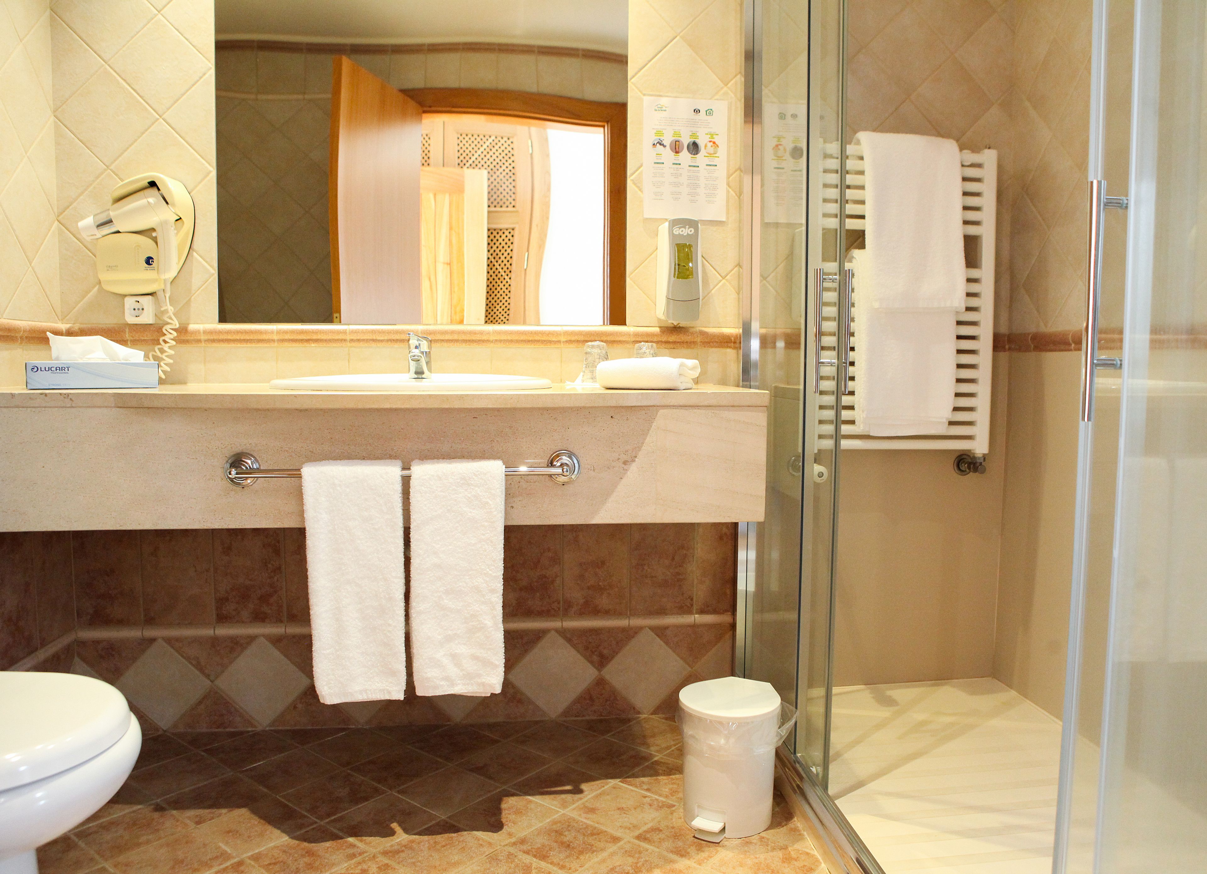 Une salle de bain équipée d’un lavabo, de deux serviettes, d’une cabine de douche en verre et d’une poubelle.
