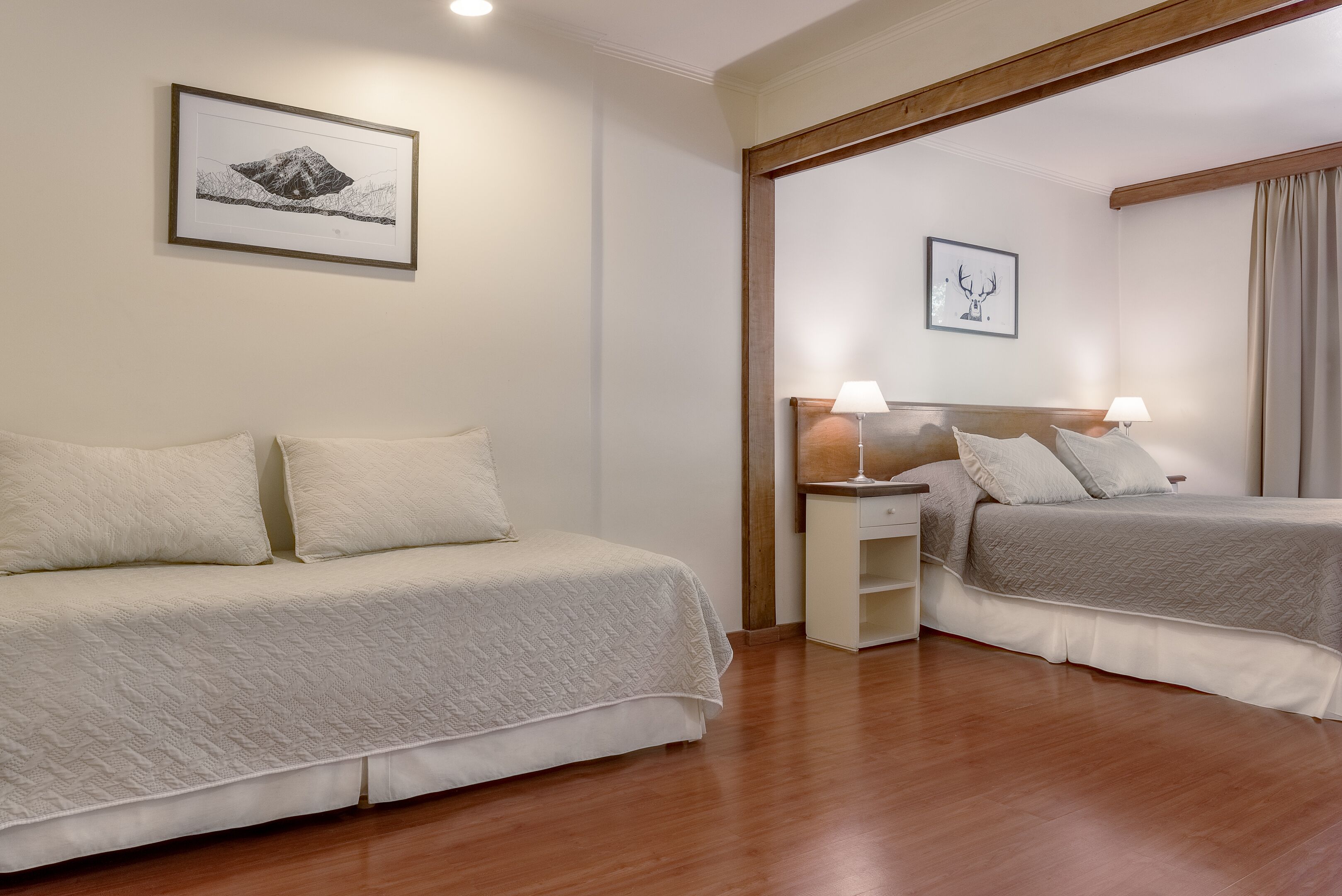 A hotel room with a large bed, a smaller bed, a nightstand with lamps, and a framed picture on the wall.