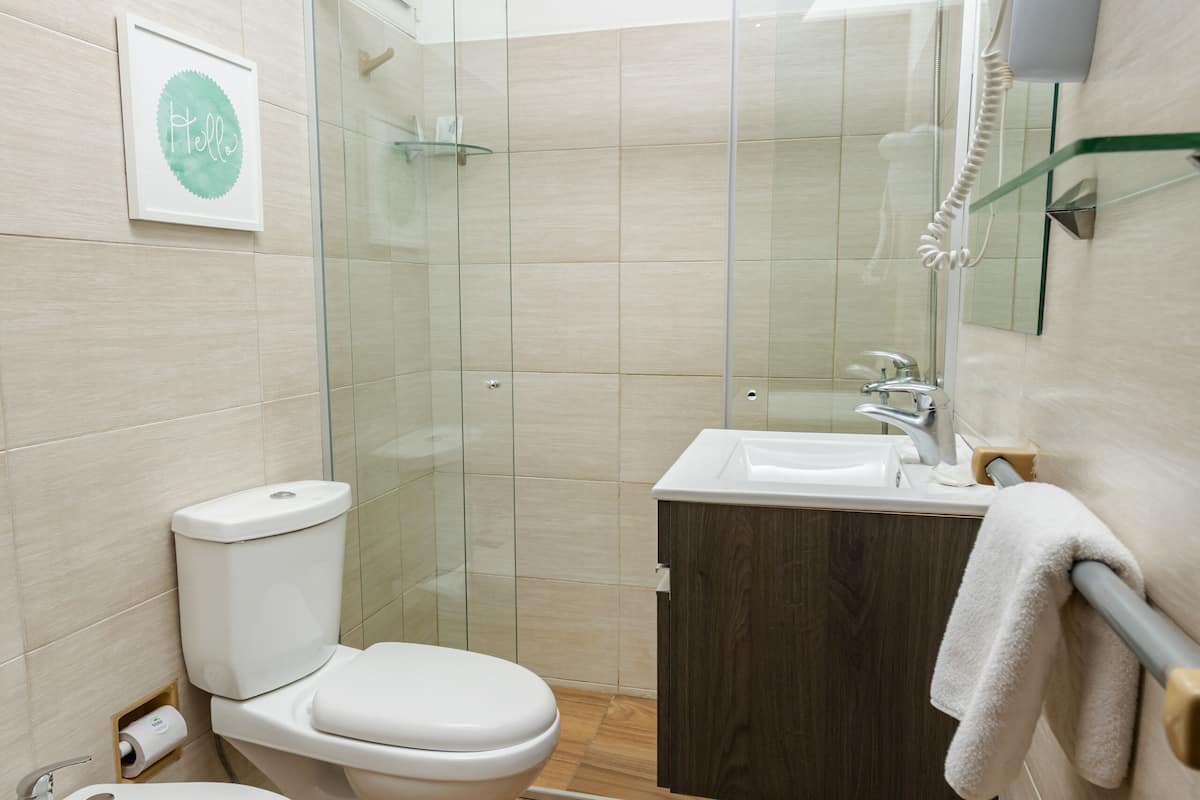 standard double room | bathroom | shower, rainfall showerhead, free toiletries, hair dryer