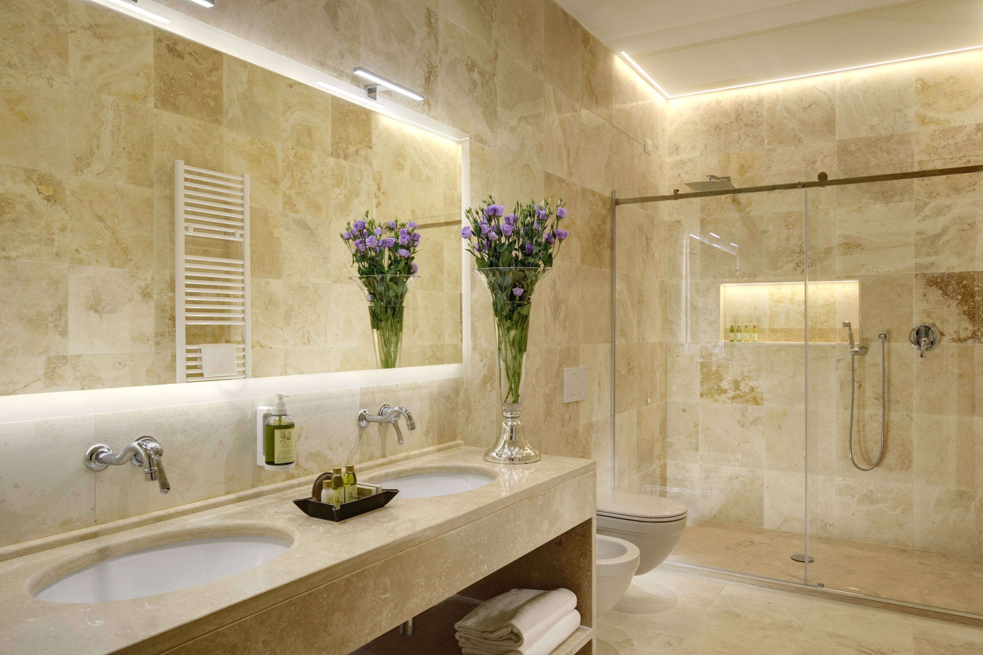 deep-soaking bathtub, free toiletries, hair dryer, bidet