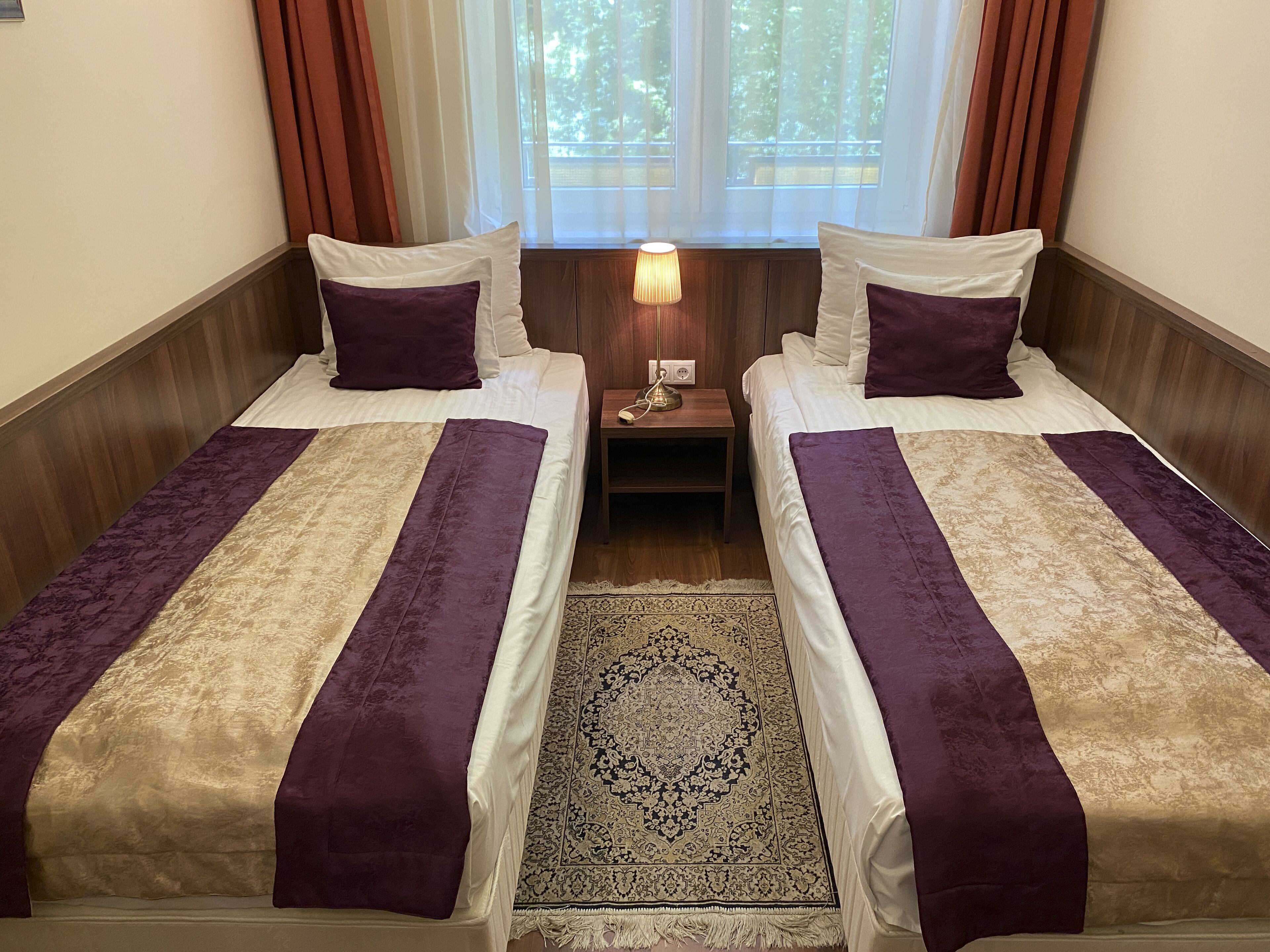 A hotel room with two beds, each with a purple and beige bedspread, a nightstand with a lamp, and a patterned rug.