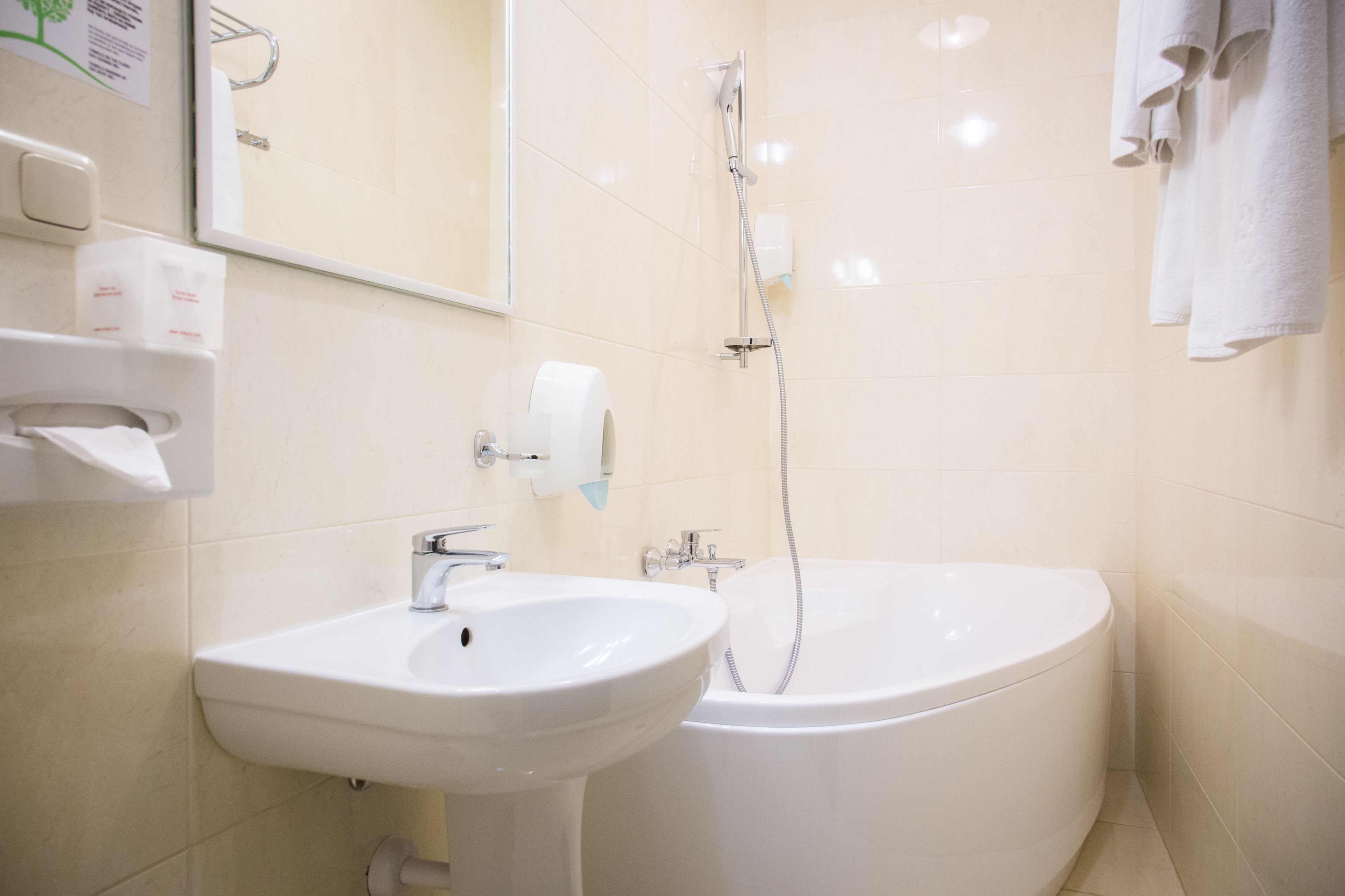 A bathroom with a sink, a mirror, a toilet paper holder, and a shower.