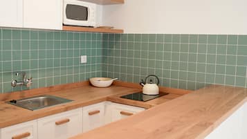 Apartamento standard, 1 quarto | Cozinha privada | Geladeira, micro-ondas, cooktop, cafeteira/chaleira