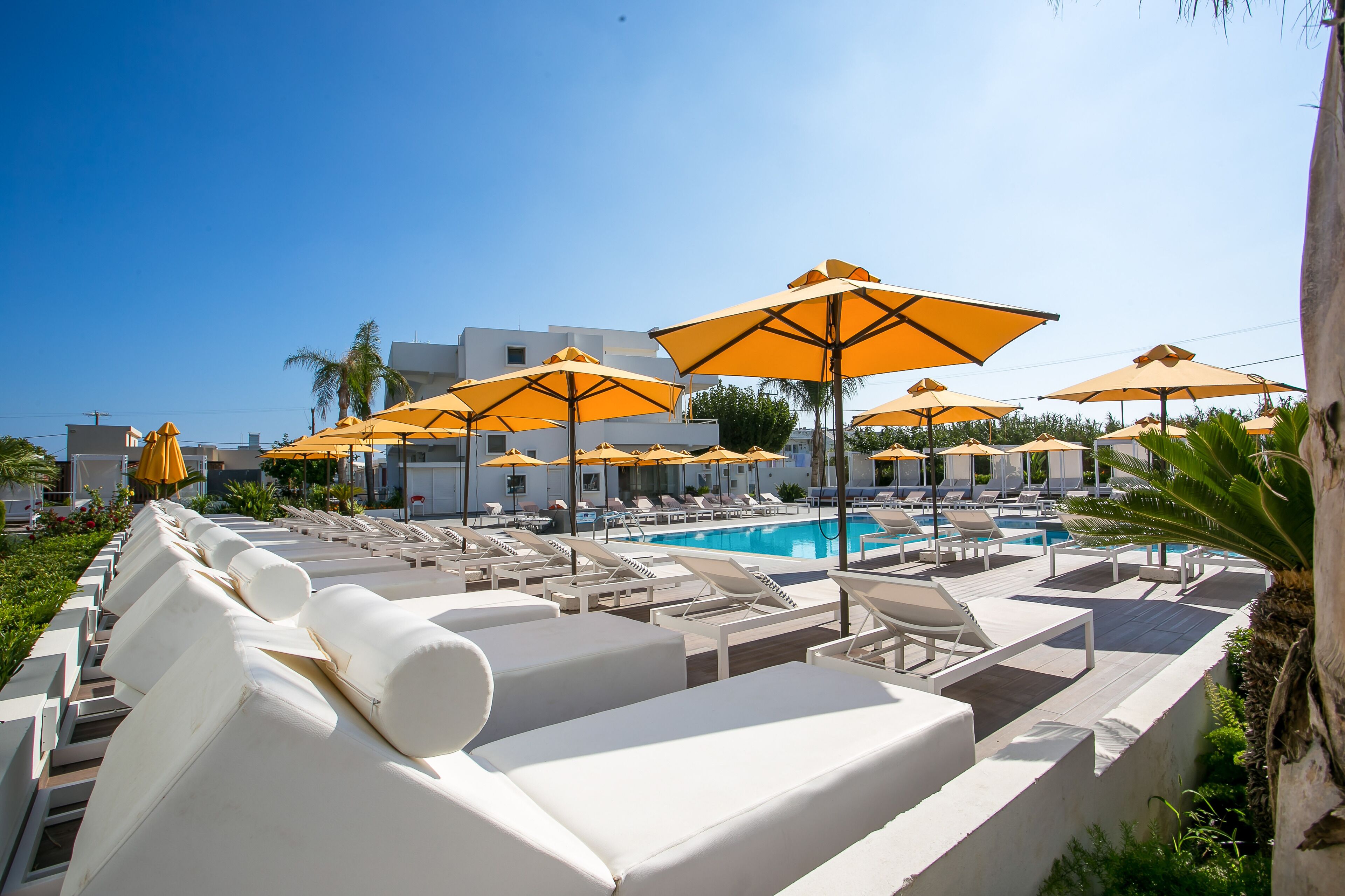 outdoor pool, pool umbrellas, pool loungers