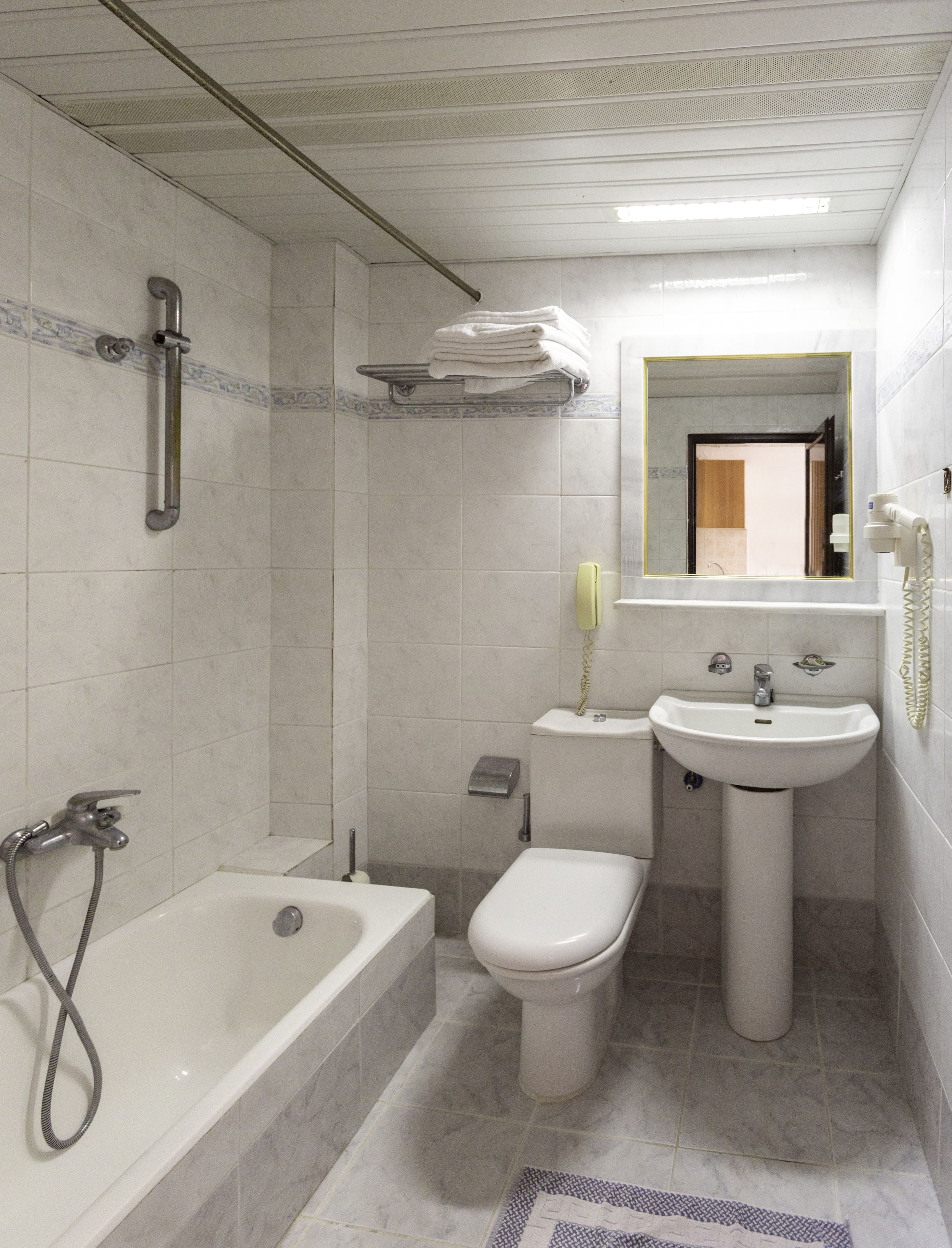 combined shower/bathtub, free toiletries, hair dryer, towels