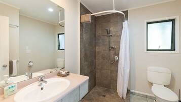 A modern bathroom with a large sink, a shower with a glass door, a toilet, and a window.