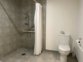Baño con ducha, inodoro y toallero.