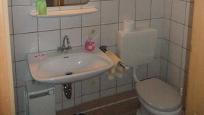 A small bathroom with a sink, mirror, toilet, and a towel rack. - Gasthof Rotes Roß (Zell im Fichtelgebirge)