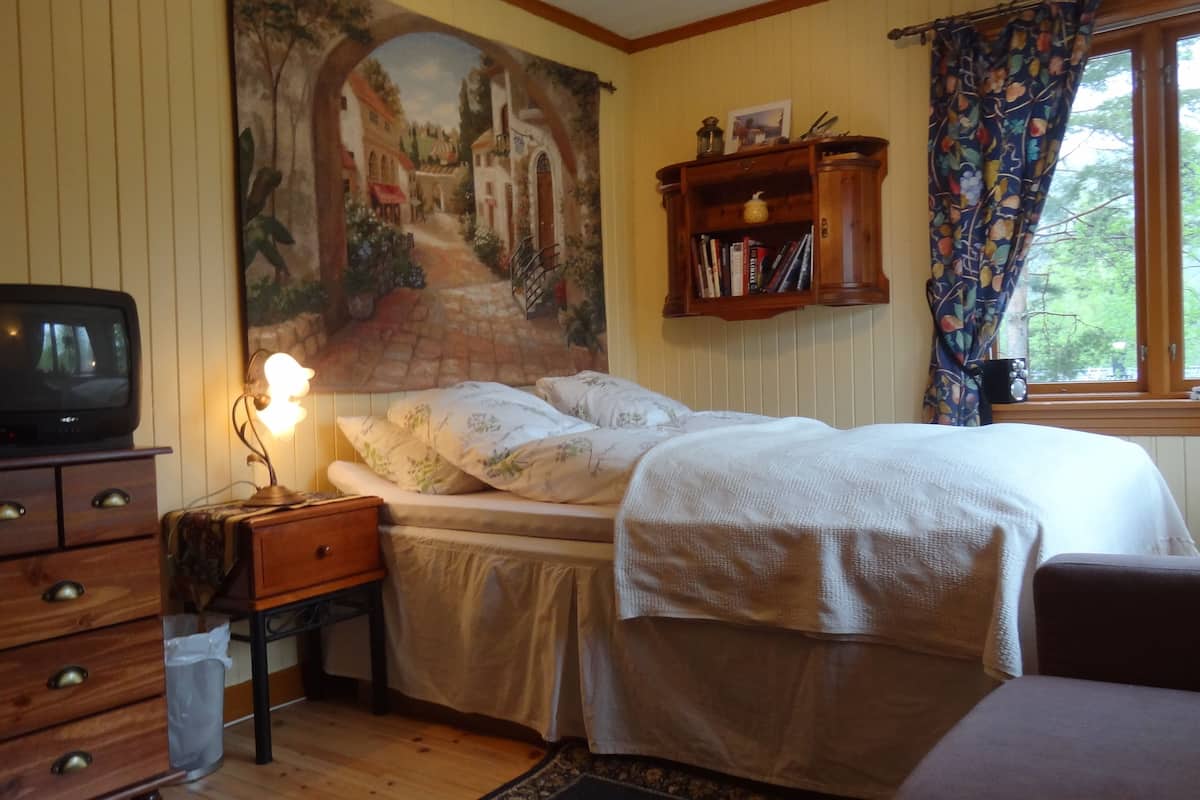 A bedroom with a bed, a dresser, a nightstand with a lamp, a bookshelf, and a window with curtains.