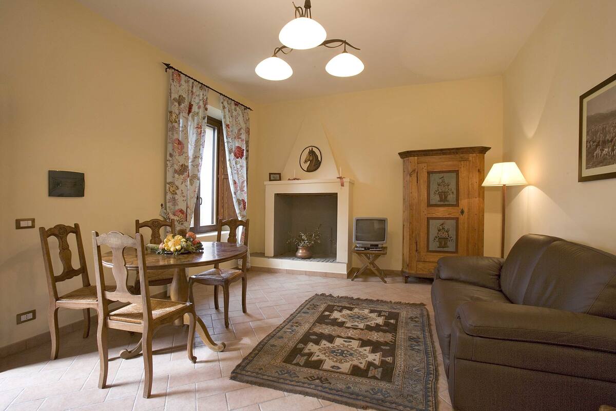 A living room with a fireplace, a sofa, a dining table with chairs, and a television.