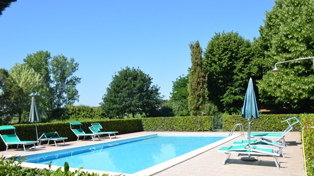 A swimming pool with lounge chairs and umbrellas, surrounded by greenery and trees. - Agriturismo Pantano Borghese (Rome)
