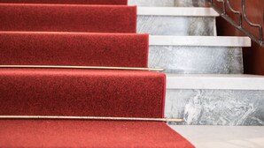 A staircase with red carpeted steps and a metal railing. - Hotel Astor Victoria (Forte dei Marmi)