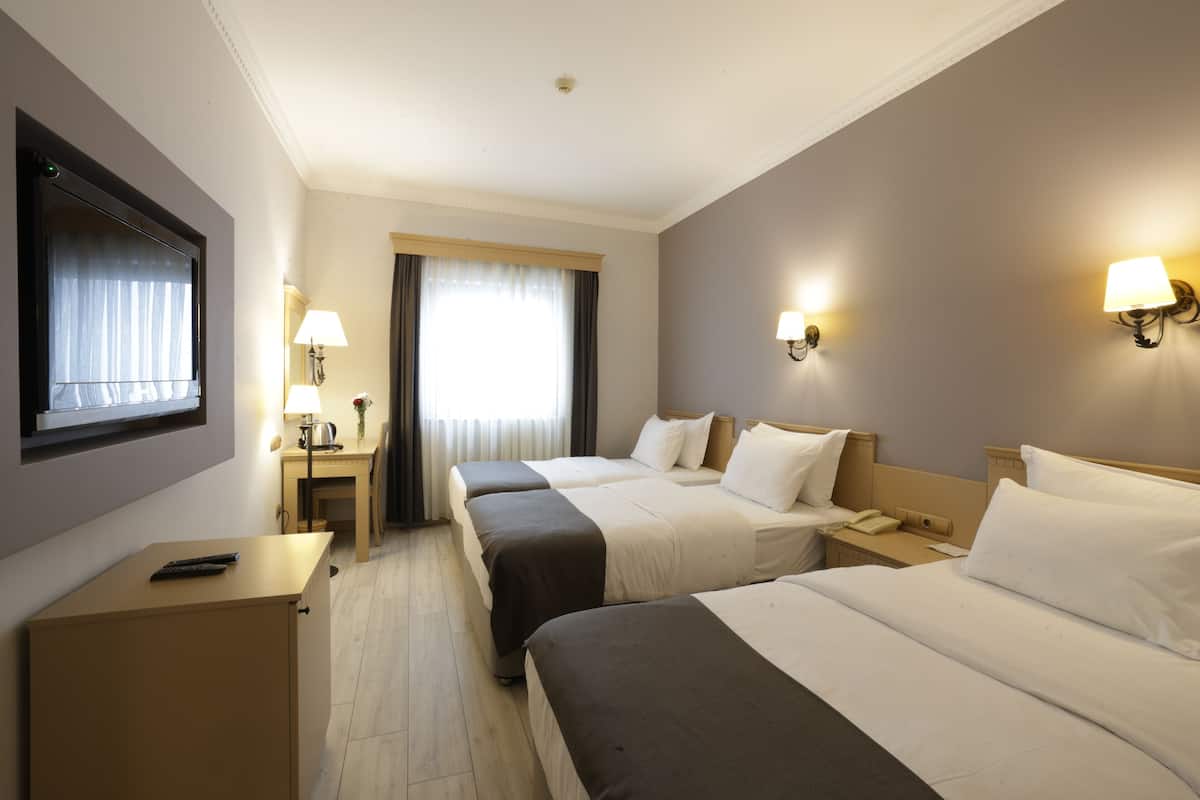 A hotel room with two beds, a desk, a chair, a TV, and a window with curtains.