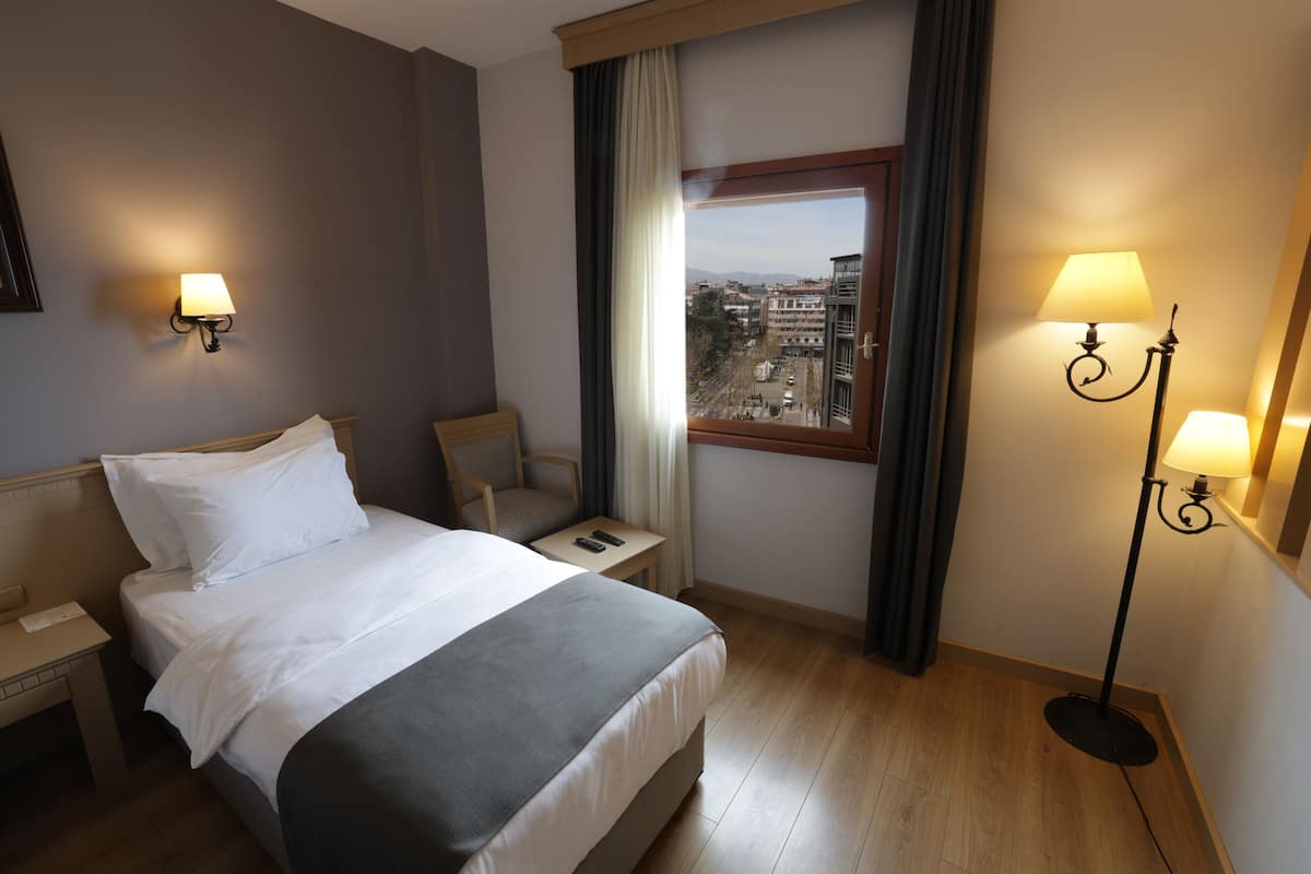 A hotel room with a bed, a chair, a nightstand, a lamp, and a window with a view of buildings.