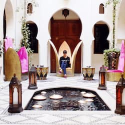 Relax in a serene courtyard surrounded by lush greenery and a soothing fountain.