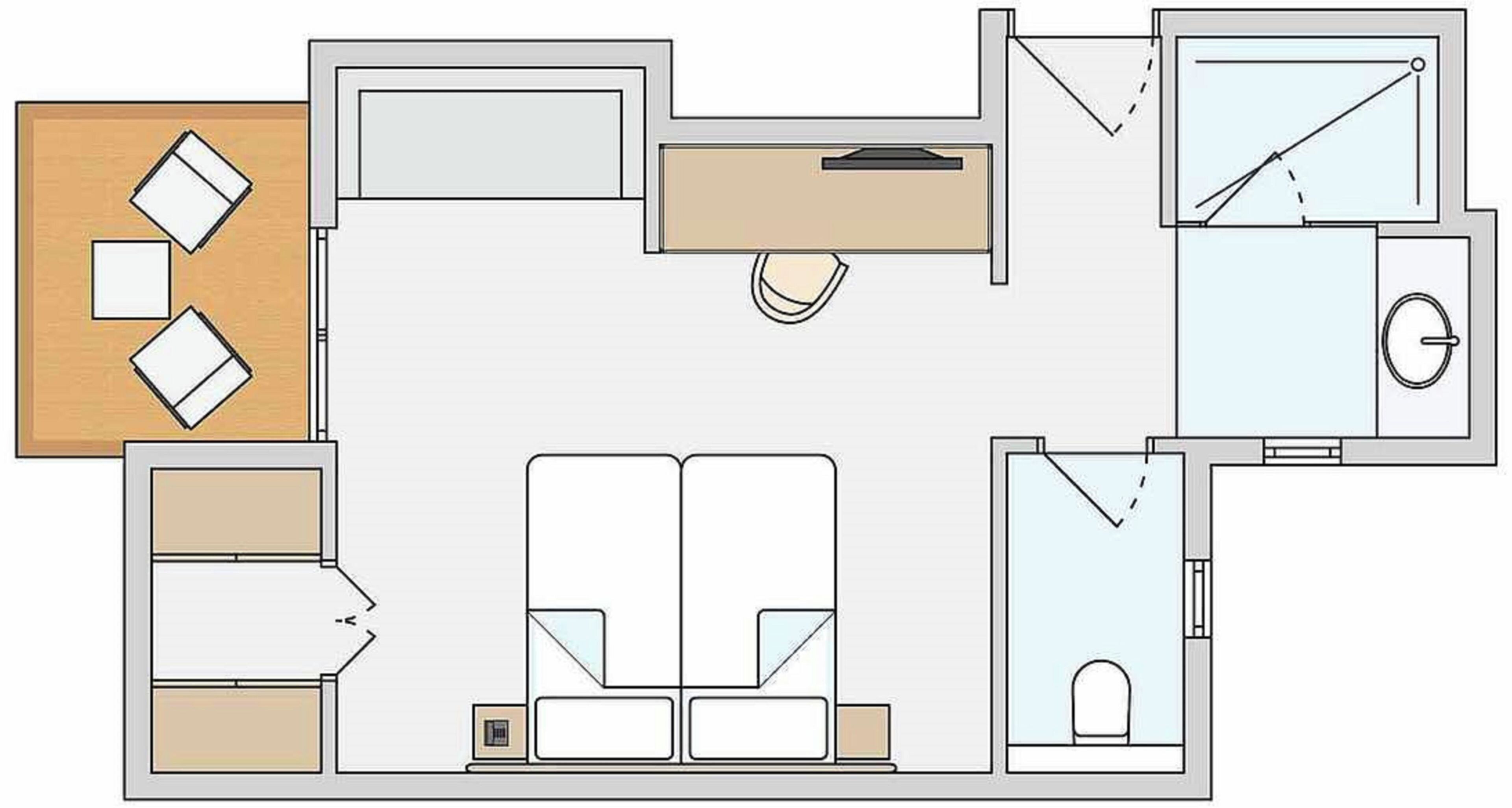 A floor plan with a living area, kitchen, two bedrooms, a bathroom, and a small balcony.