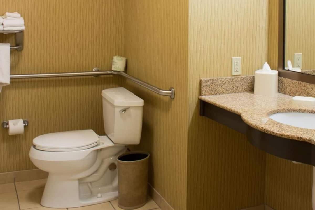A bathroom with a toilet, a handrail, a sink, and a mirror.