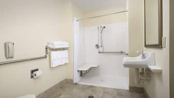 A bathroom with a toilet, a shower with a grab bar, a sink, and a mirror.