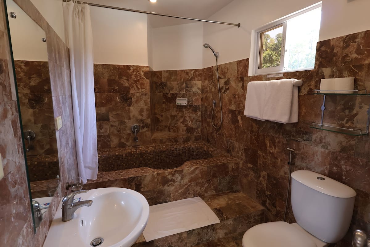 penthouse | bathroom | combined shower/bathtub, deep-soaking bathtub, free toiletries, bidet