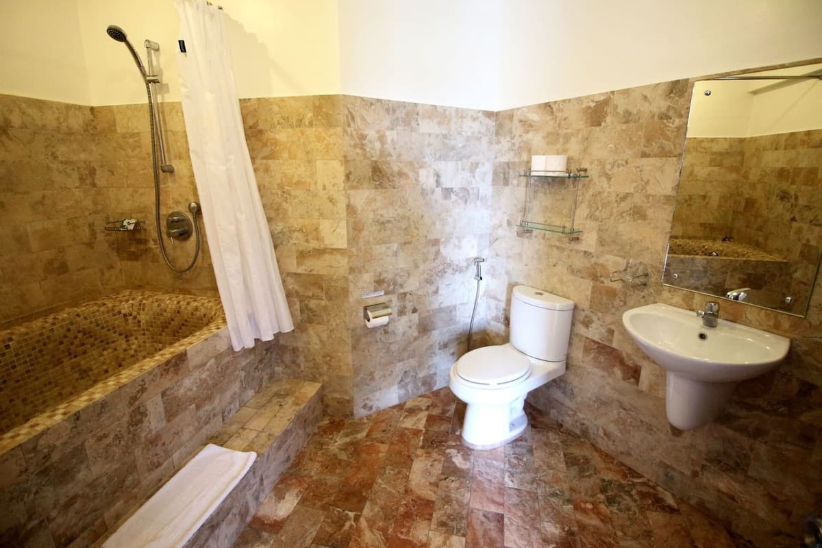 penthouse | bathroom | combined shower/bathtub, deep-soaking bathtub, free toiletries, bidet
