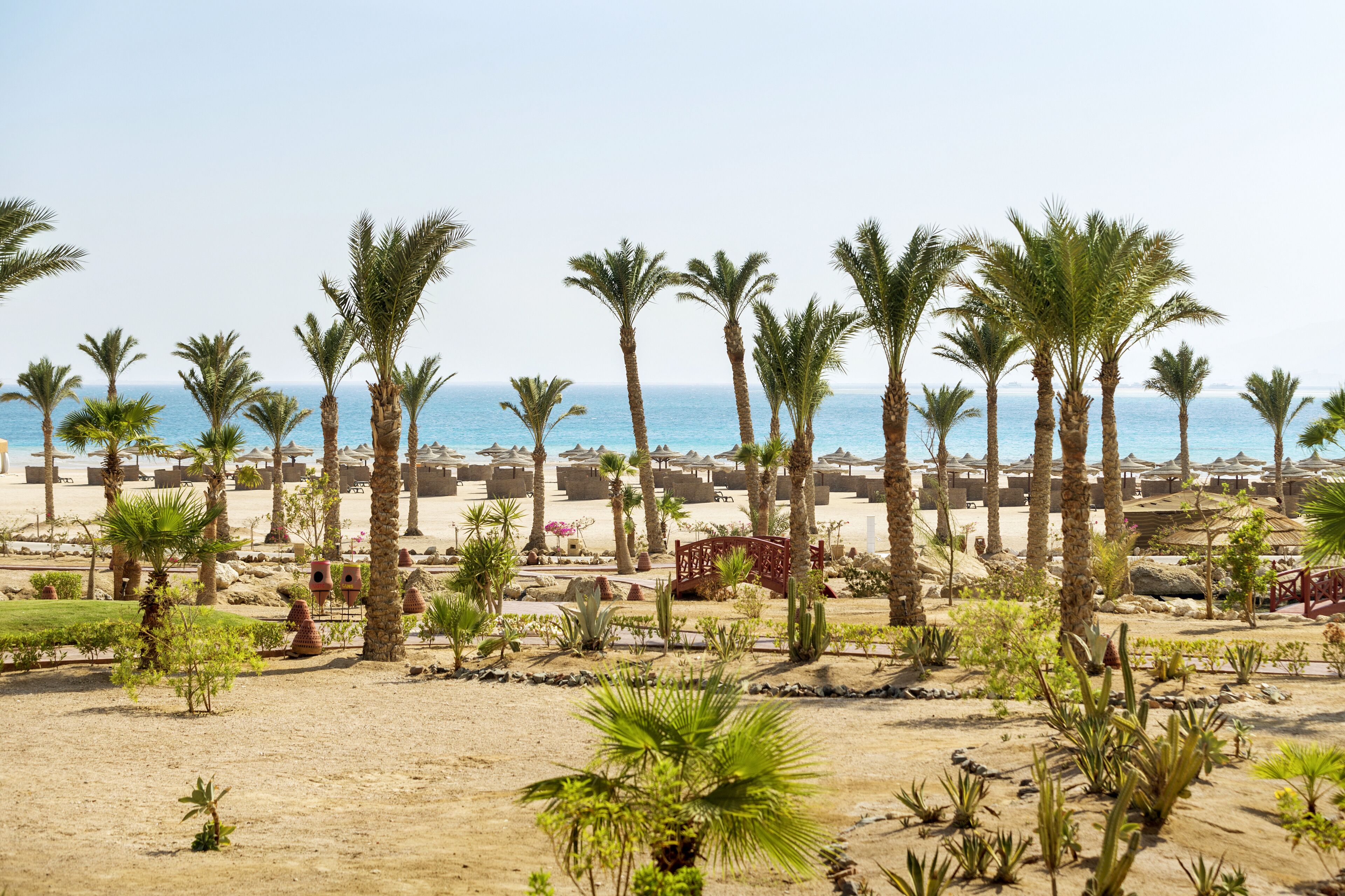 Un resort sulla spiaggia con palme, una spiaggia di sabbia e vista sul mare.