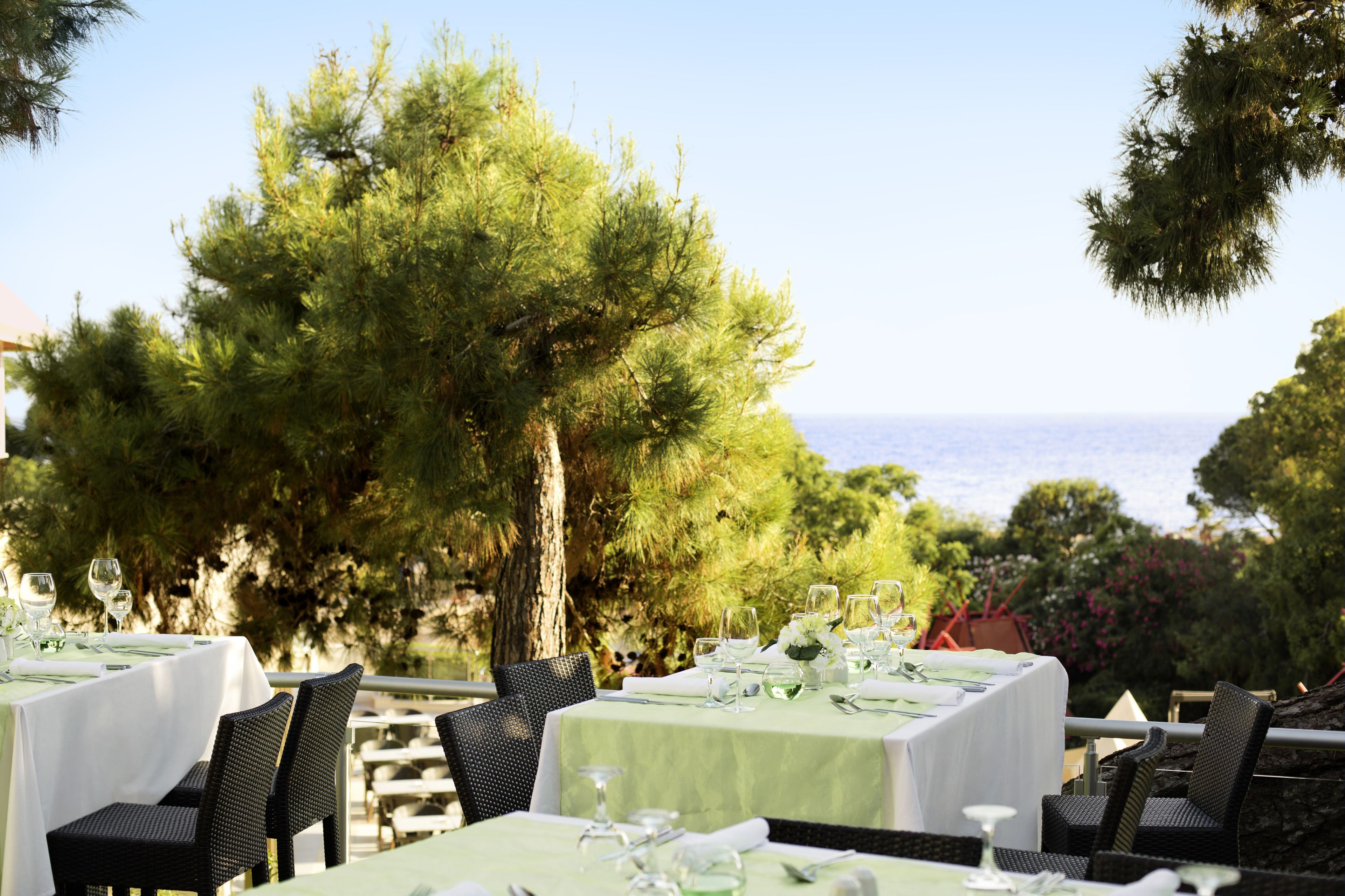 An outdoor dining area with tables set for a meal, surrounded by trees and overlooking a body of water.