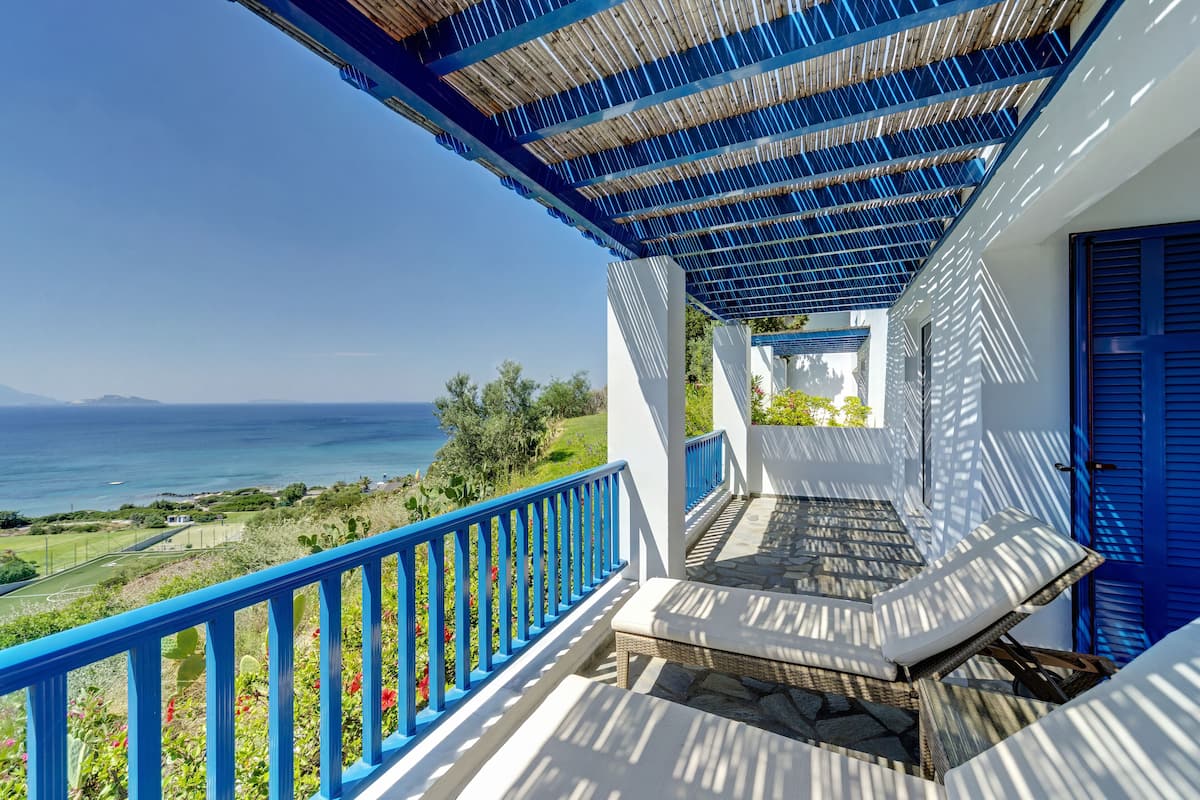 A balcony with a view of the sea, a blue railing, and a door.