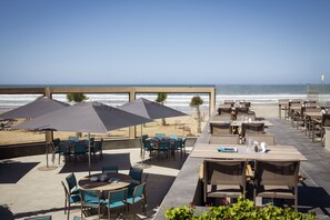 On the beach, sun loungers, beach umbrellas, beach towels