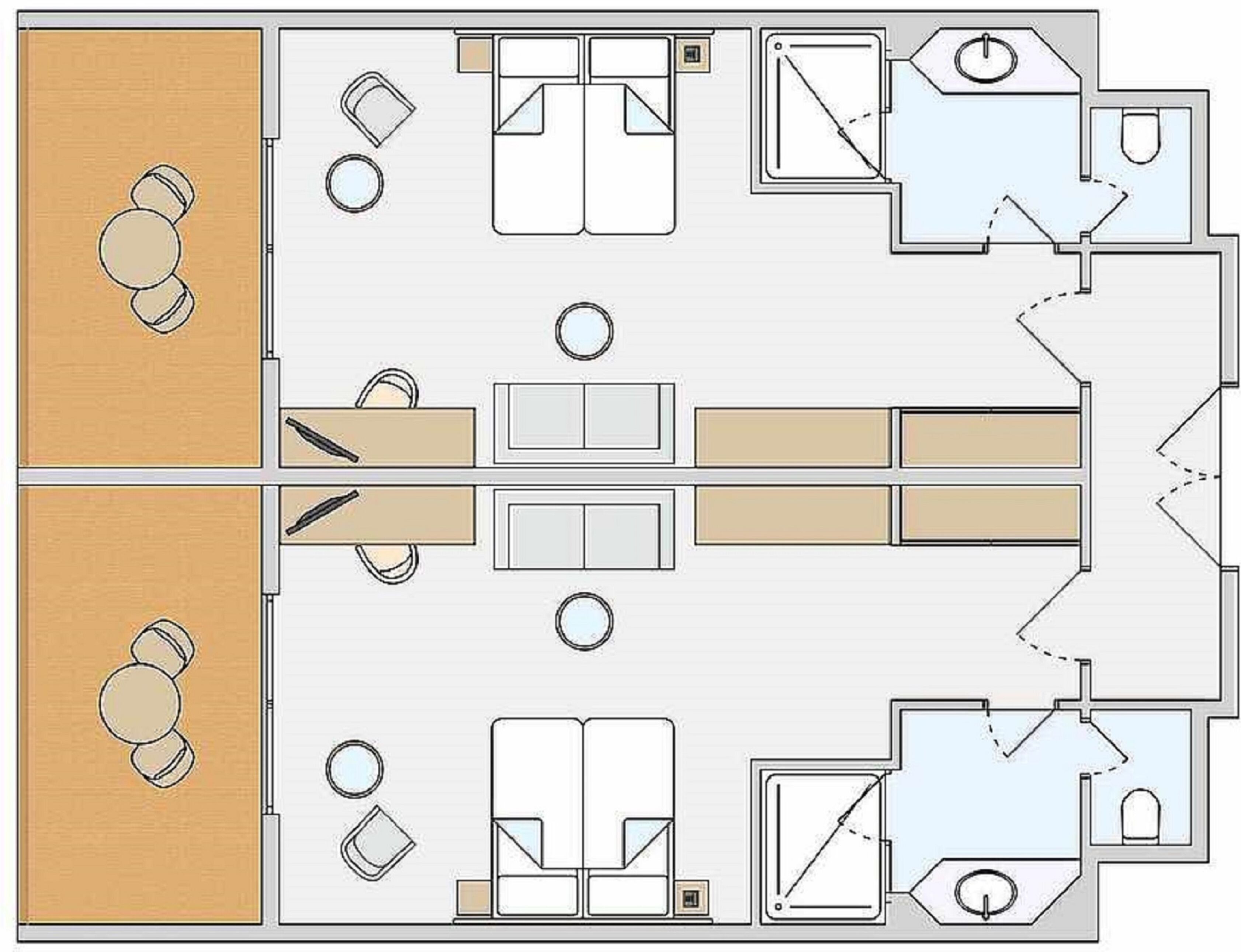 Un plan d’étage d’hôtel comprenant plusieurs chambres, un couloir central et un espace repas.