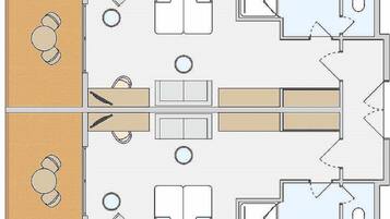Un plan d’étage d’hôtel comprenant plusieurs chambres, un couloir central et un espace repas.