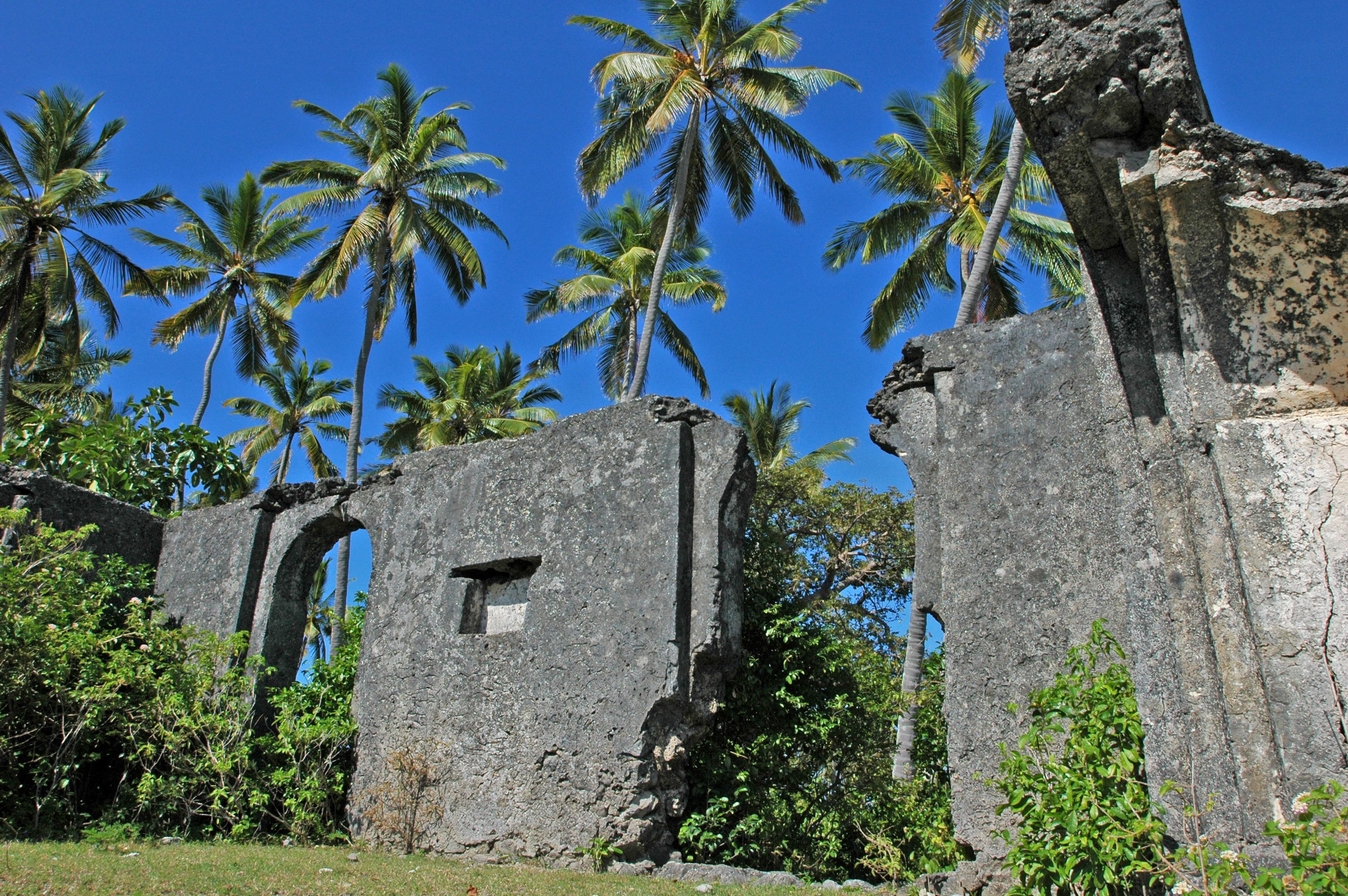 Una antigua estructura de piedra con aberturas en arco y vegetación exuberante.