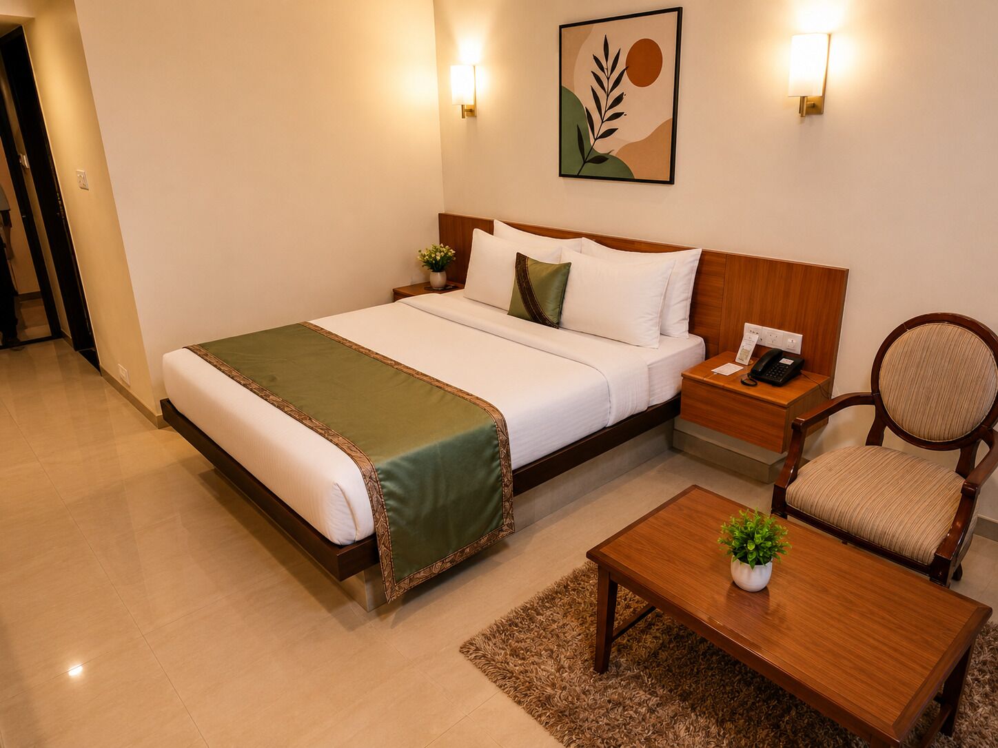 A hotel room with a bed, bedside table, chair, and a small table with a plant.
