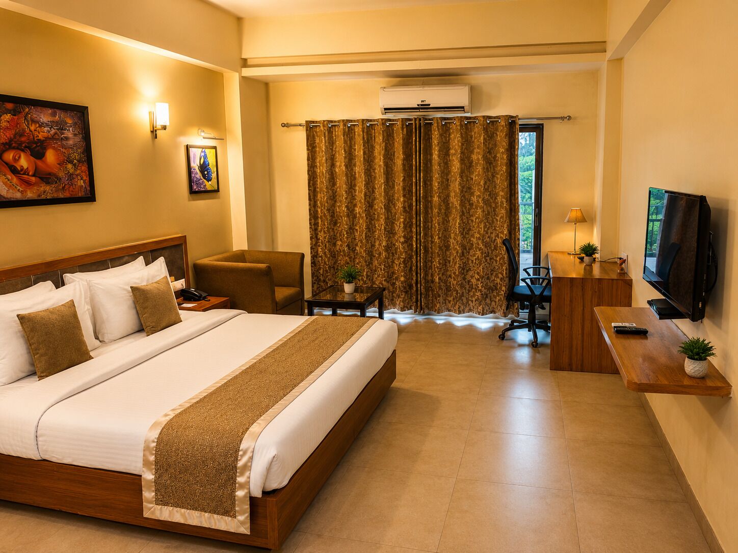 Habitación de hotel con cama, escritorio, silla, televisor y aire acondicionado.