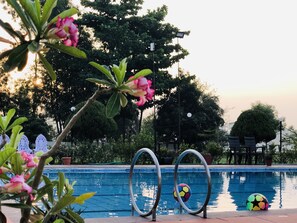 A swimming pool with metal rings, a colorful ball, and pink flowers in the foreground.