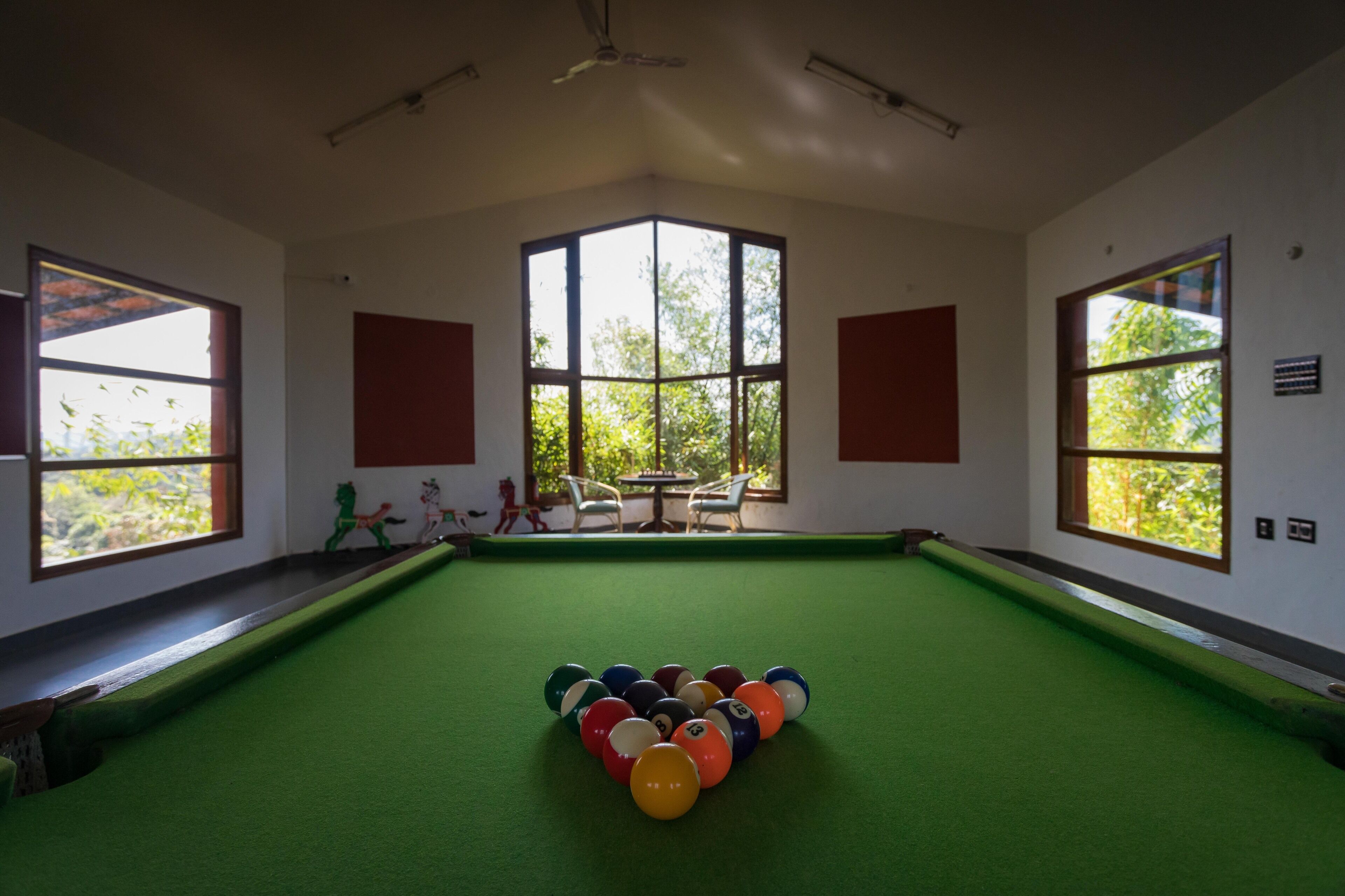 Une table de billard avec les billes disposées en forme de triangle, de grandes fenêtres donnant sur la forêt et un ventilateur de plafond.