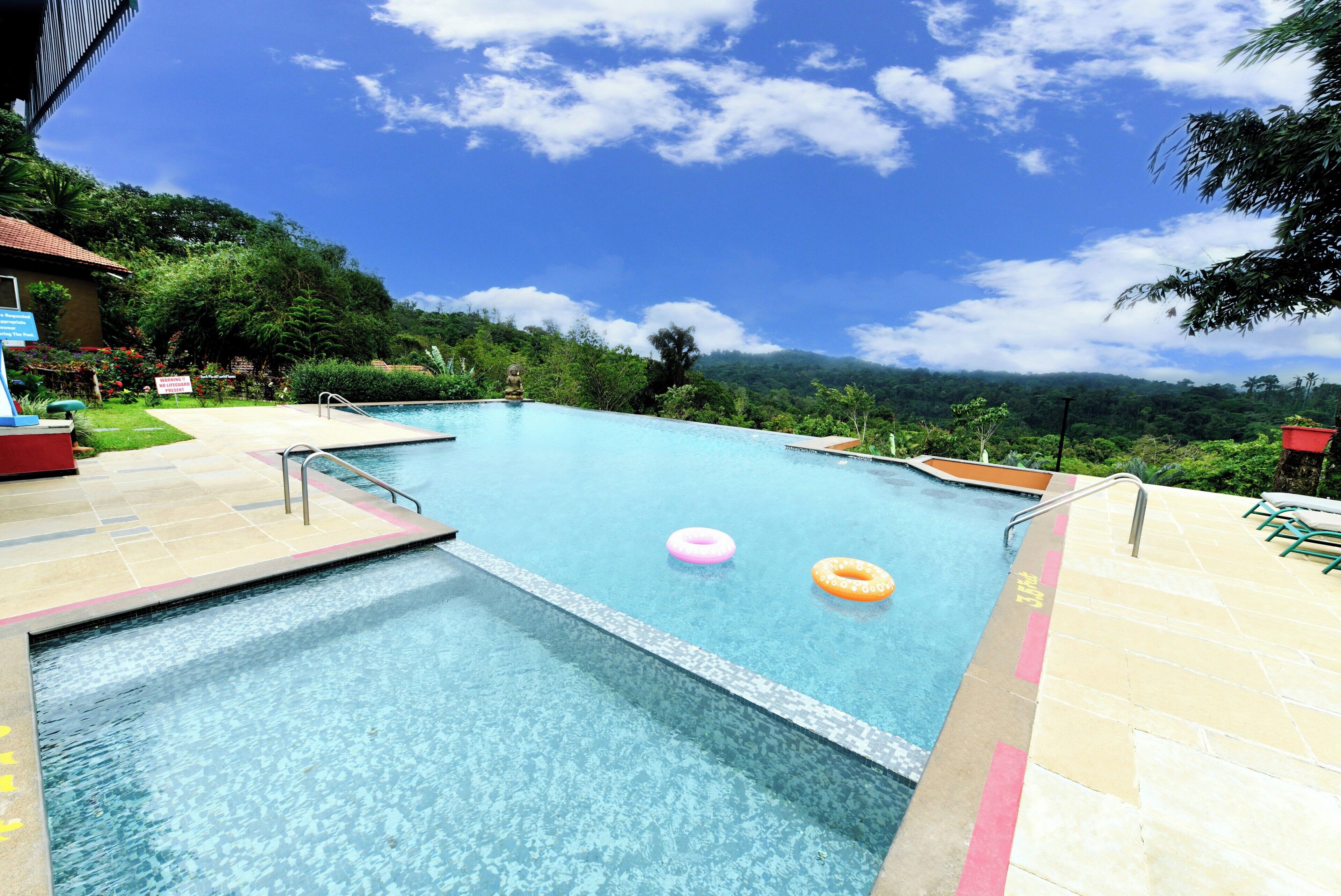 A swimming pool with a view of a mountain range, surrounded by lush greenery.