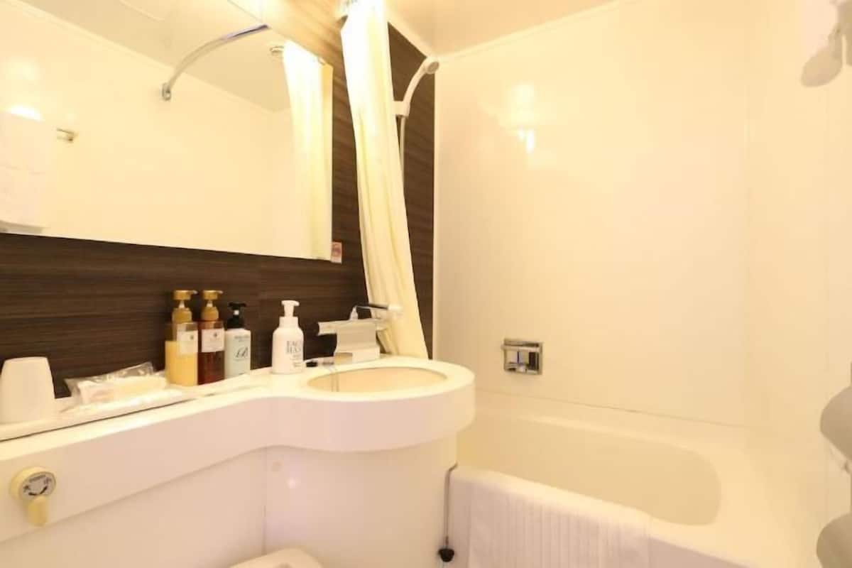 Combined shower/tub, free toiletries, hair dryer, slippers