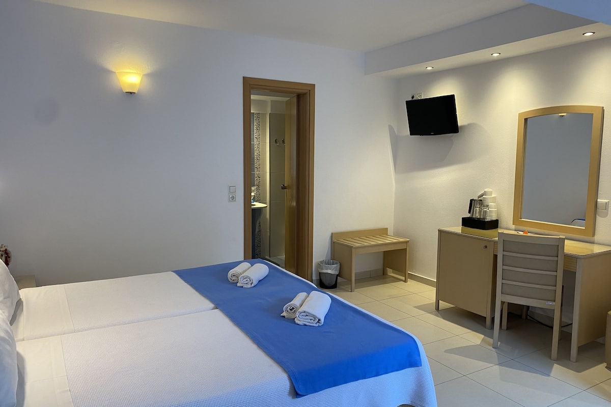 Una habitació d'hotel amb llit, escriptori, cadira, mirall i televisió.