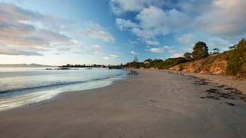 A wide sandy beach with gentle waves, a clear sky, and distant trees.