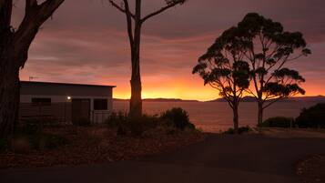 A modern building with a flat roof, surrounded by trees and a pathway leading to the ocean.