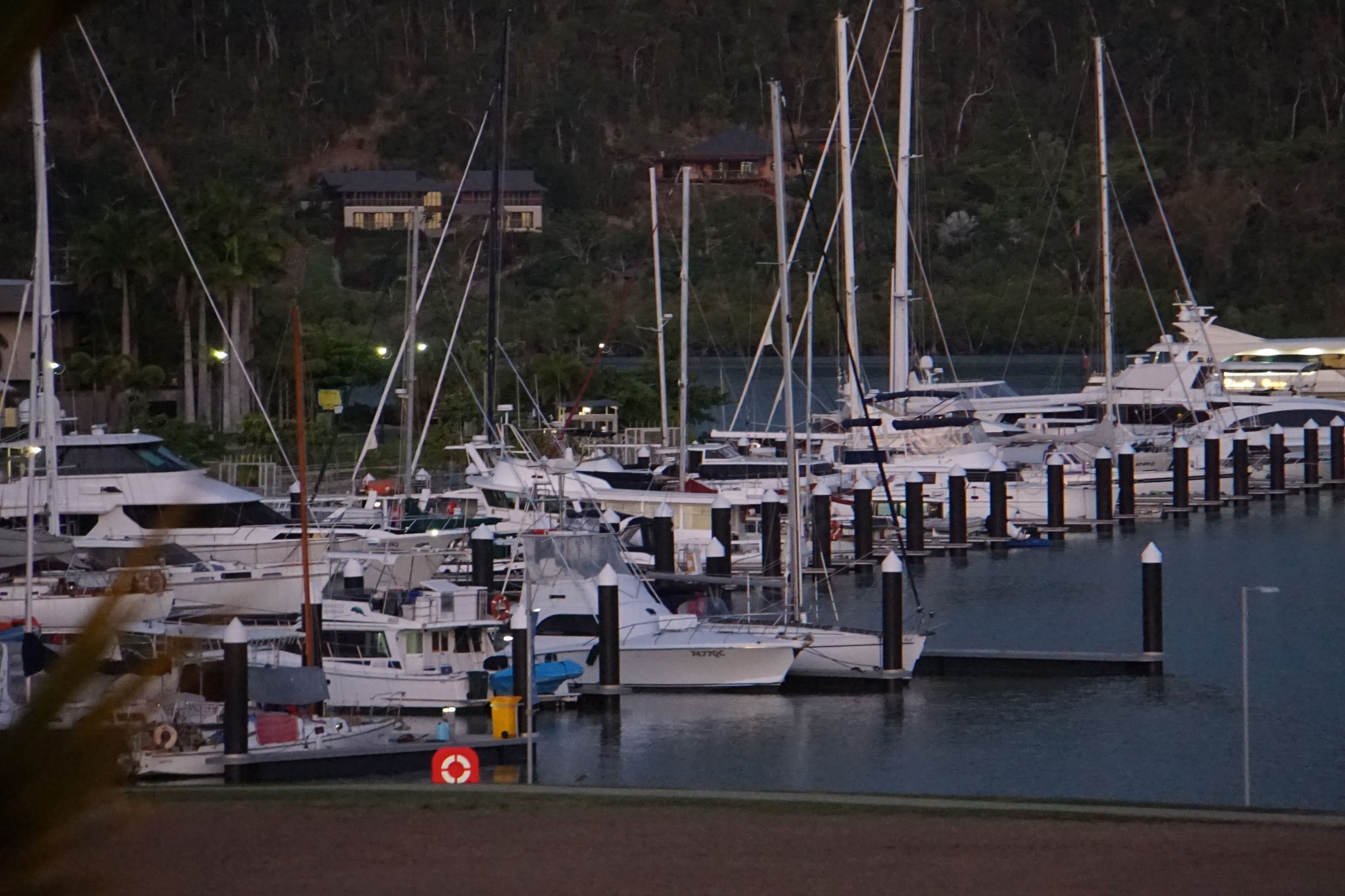 Un port de plaisance où de nombreux bateaux sont amarrés aux quais, entouré de verdure et avec un bâtiment en arrière-plan.