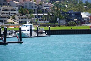 Ein Yachthafen mit einer weißen Yacht, umgeben von Wohnhäusern und Grünflächen.