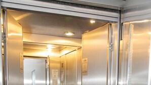 An elevator interior with metallic walls, a control panel with green buttons, and a reflective floor. - Plus Hotel (Malu Mare)