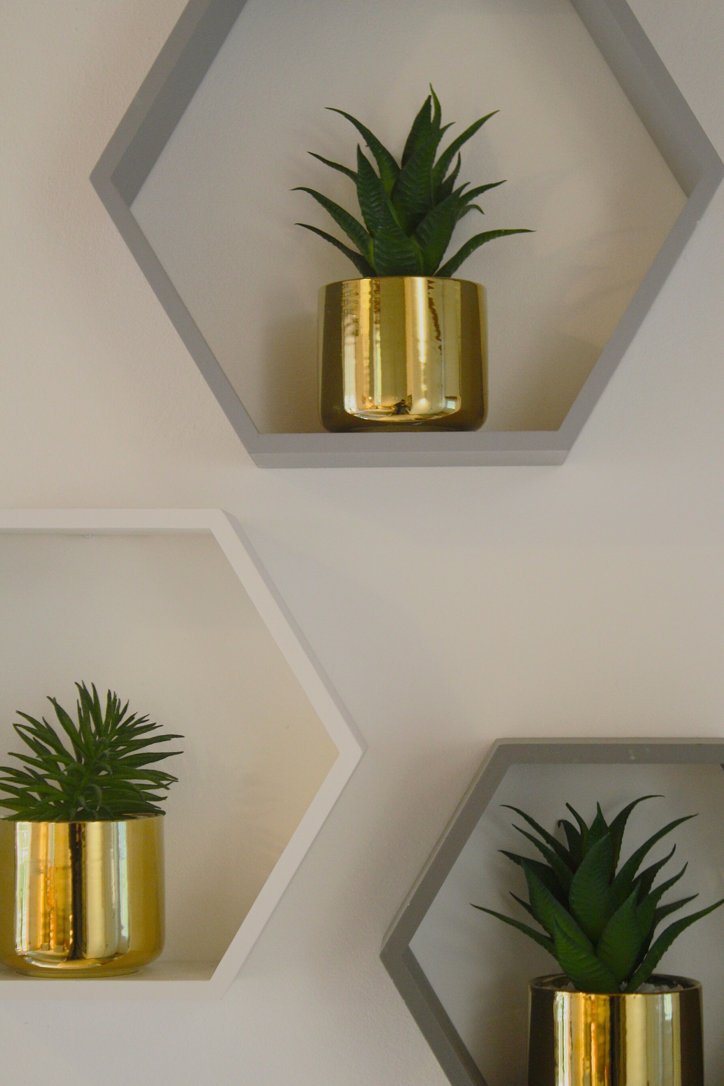 Three gold-colored planters with green plants on a white wall.
