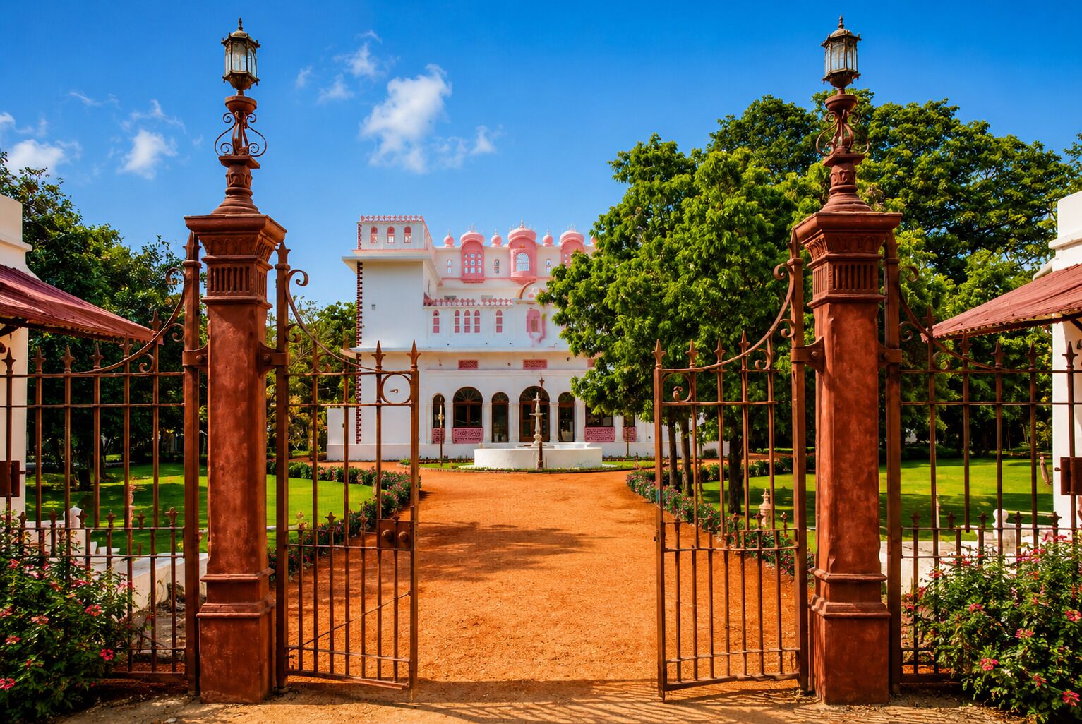 A gated entrance to a building with a central pathway leading to a white structure with pink domes.
