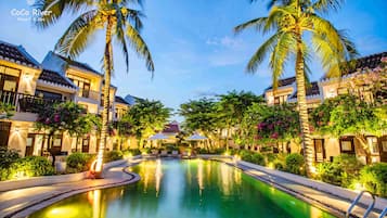 Outdoor pool, pool umbrellas, pool loungers