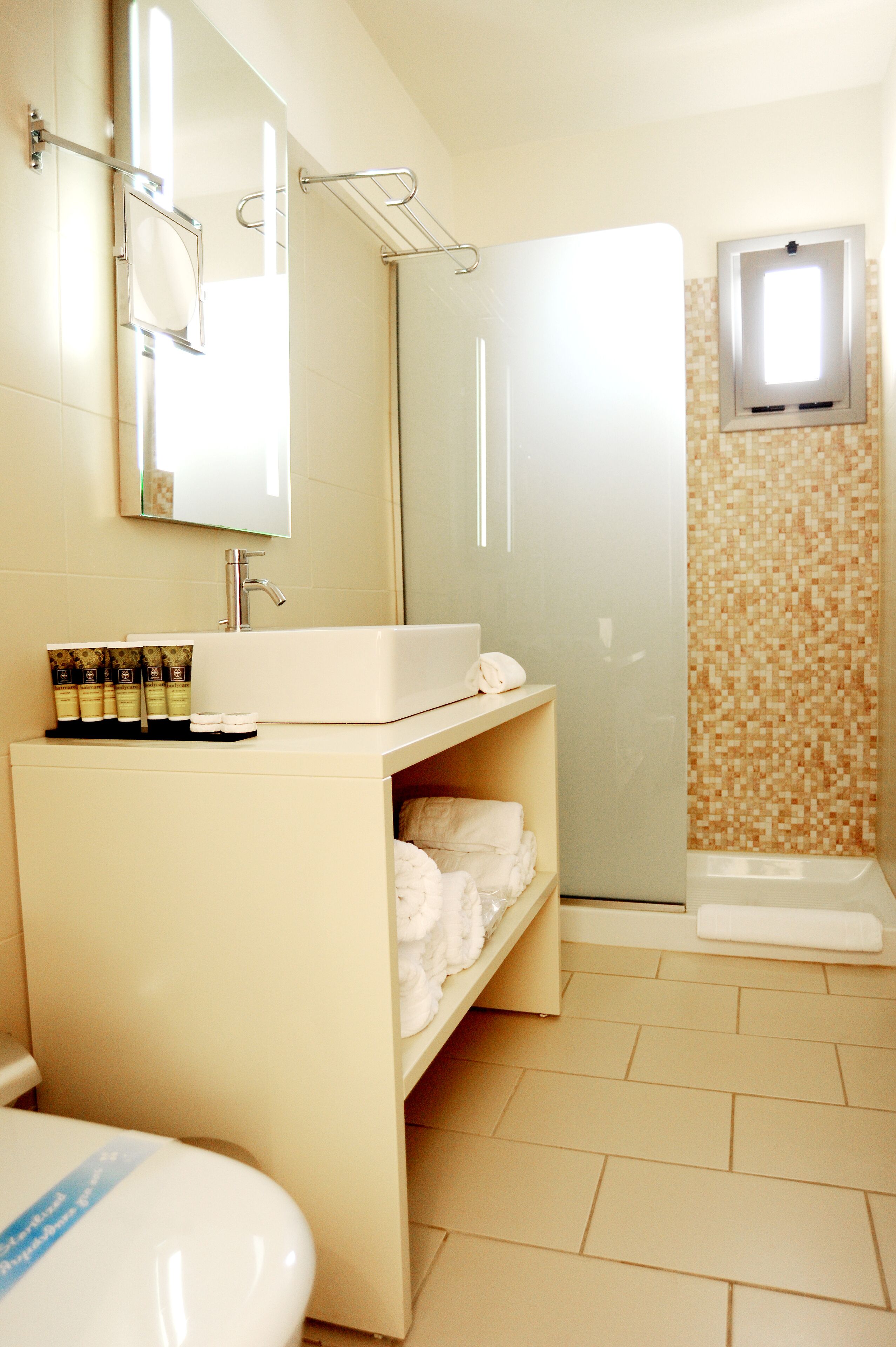 Une salle de bain avec un lavabo blanc, un miroir et un espace douche.
